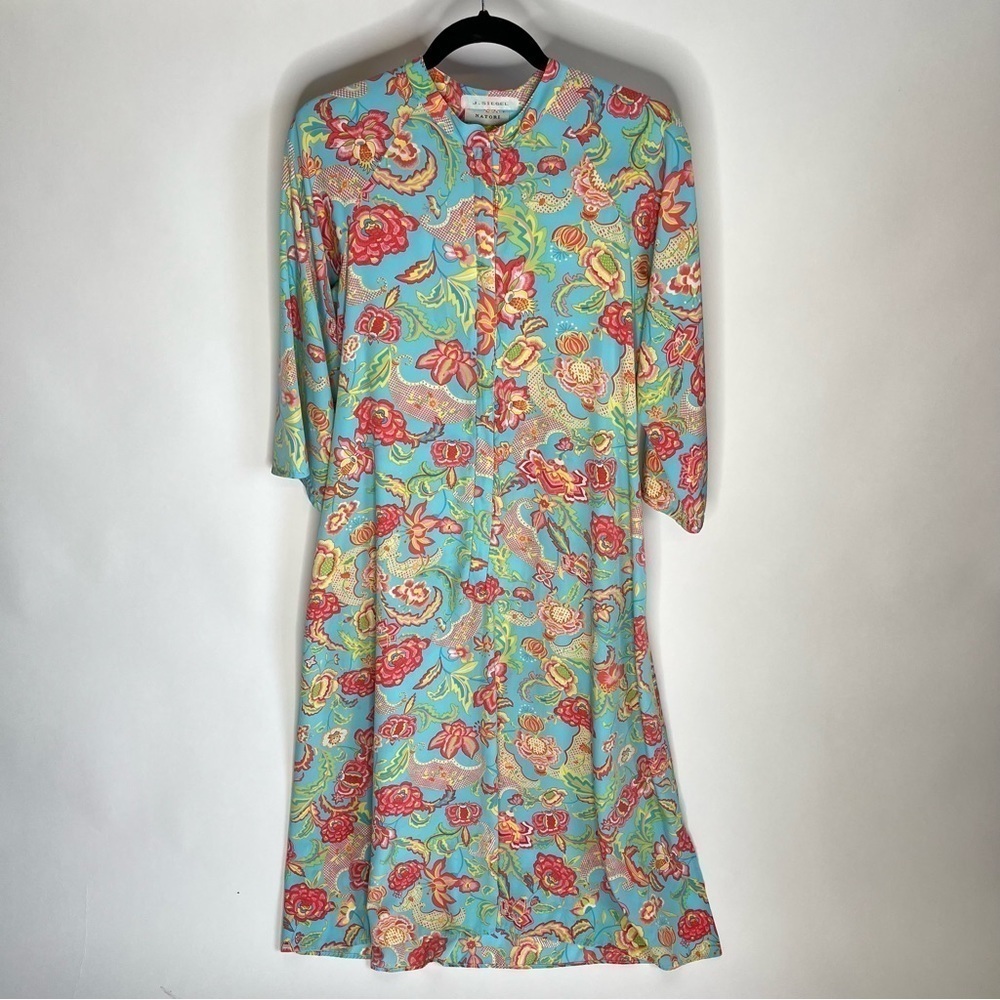 Vintage Natori Blue Paisley Floral Zippered Long Sleeve House Sleep Lounge Dress